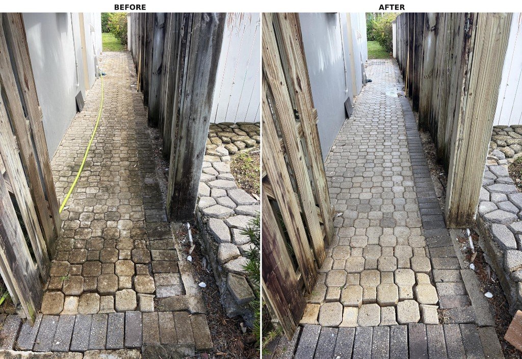 Paver walkway before and after pressure washing