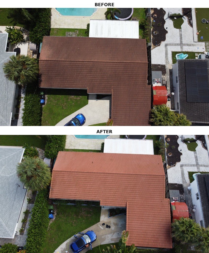 Drone before and after of a tile roof soft wash
